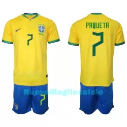 Completo calcio Brasile Lucas Paqueta 7 Bambino Primo Mondiali 2022 Completo calcio Brasile Lucas Paqueta 7 Bambino Primo Mondiali 2022